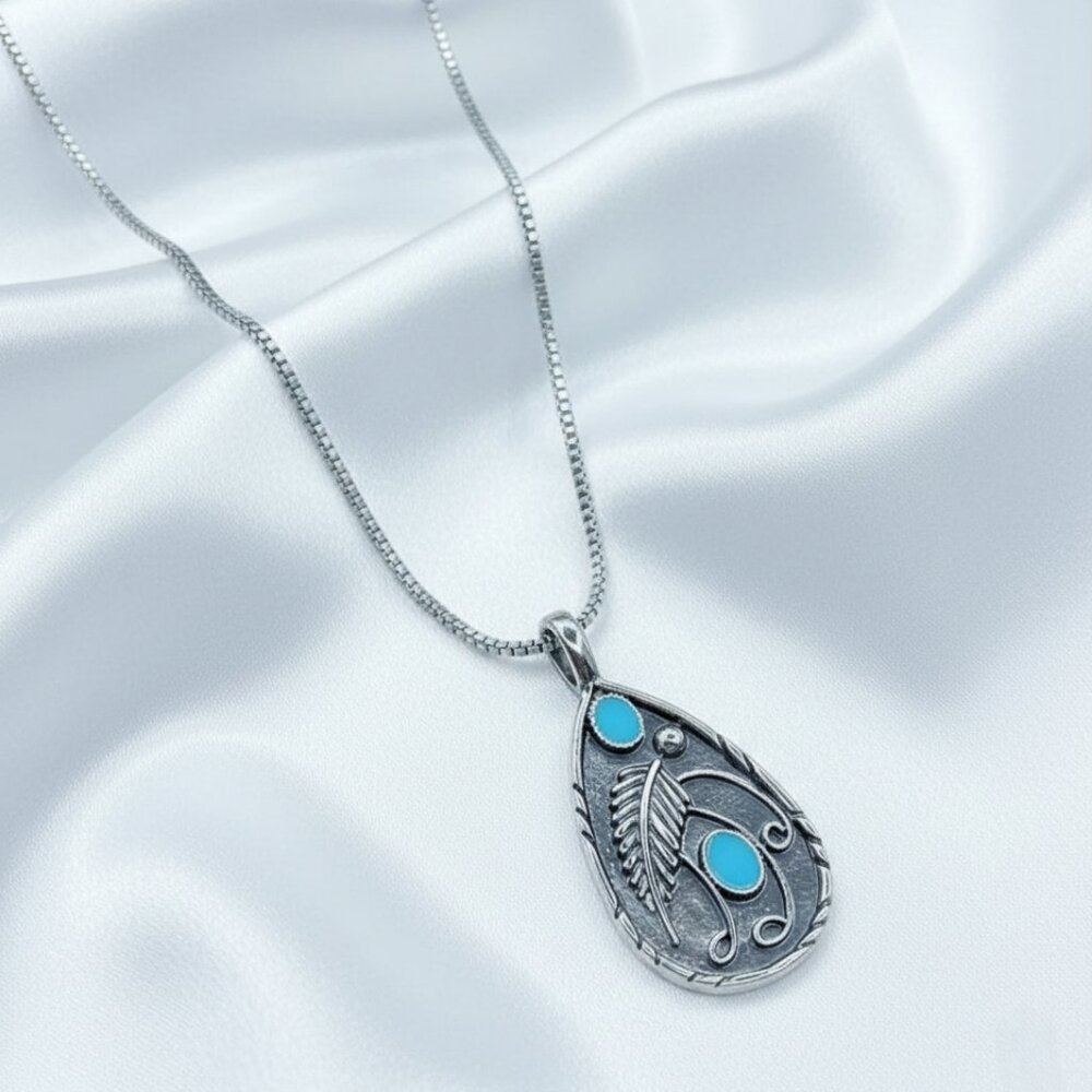 Boho Western Feather Teardrop Leaf Turquoise Silver Pendant Necklace NWOT